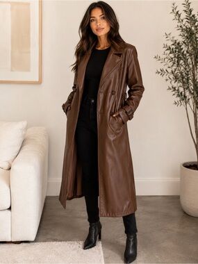 SHEIN Brown Faux Leather Double-Breasted Trench Coat NWOT Ptp 20”